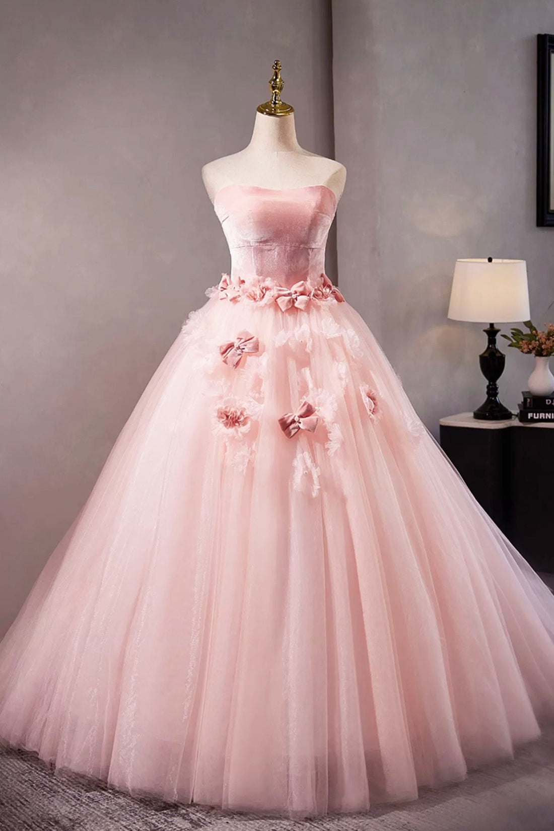 Beautiful Velvet Tulle A-Line Prom Dress with Flowers, Pink Strapless Evening Sweet 16 Dress