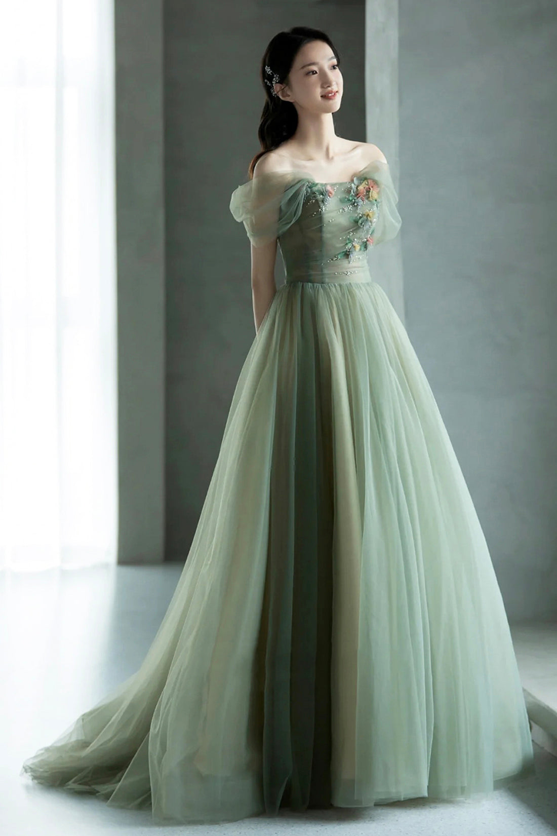 Green Tulle Floor Length Prom Dress, Off the Shoulder A-Line Evening Party Dress