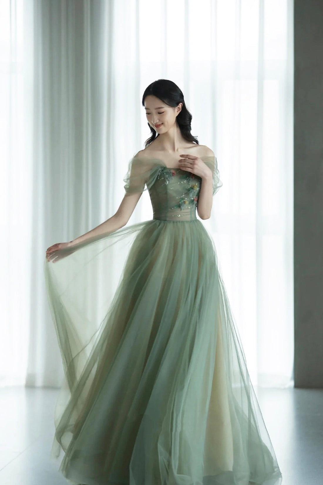 Green Tulle Floor Length Prom Dress, Off the Shoulder A-Line Evening Party Dress