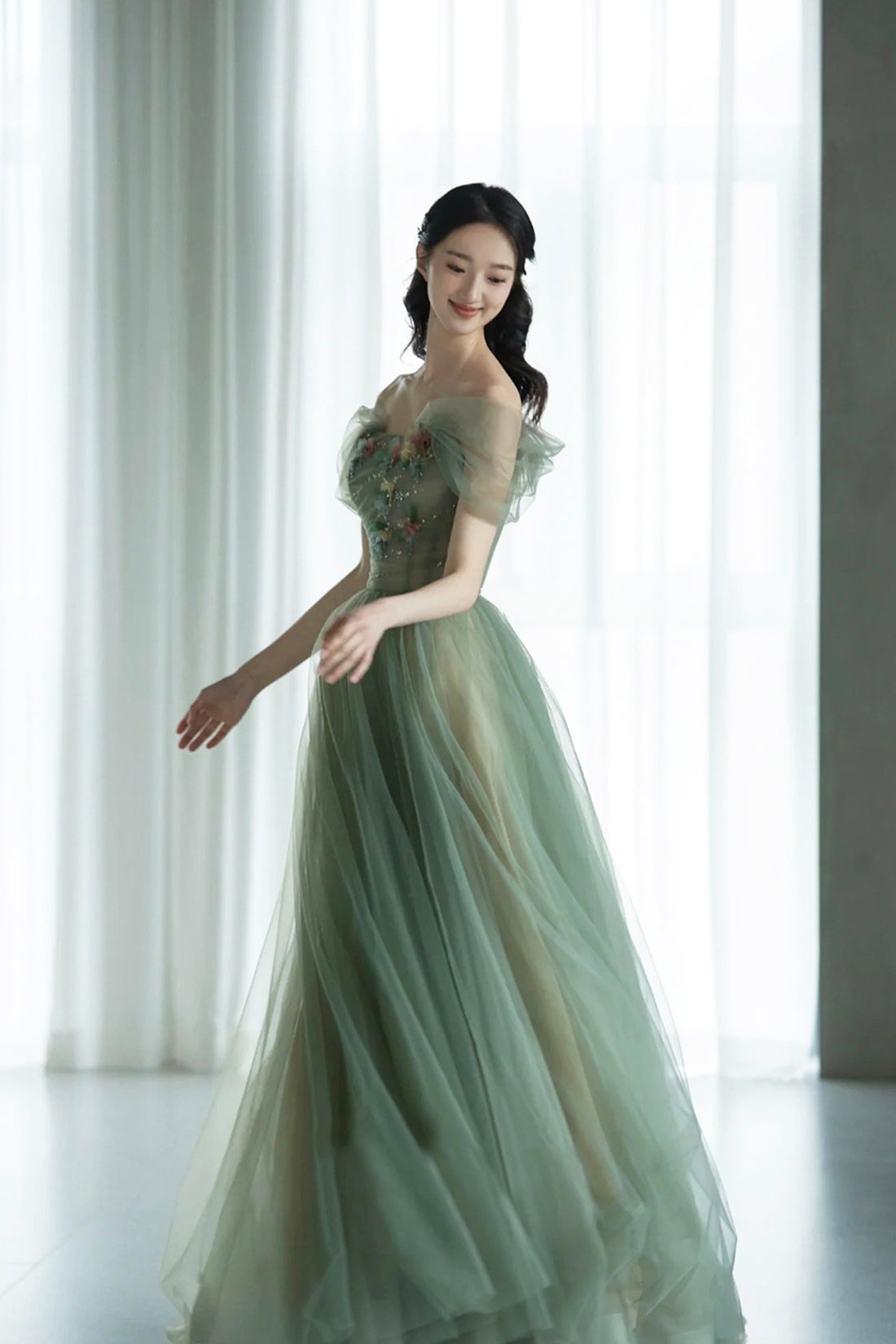 Green Tulle Floor Length Prom Dress, Off the Shoulder A-Line Evening Party Dress