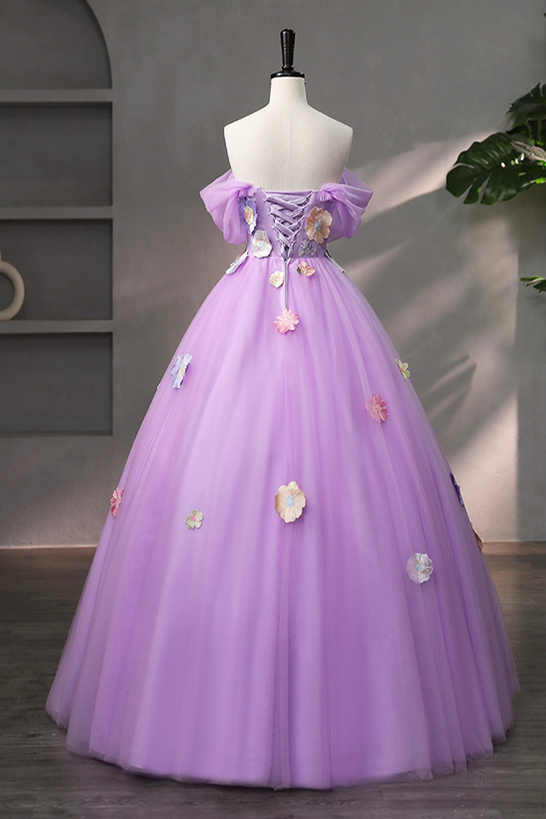 Purple Tulle Lace Long Prom Dress, off the Shoulder Evening Party Dress