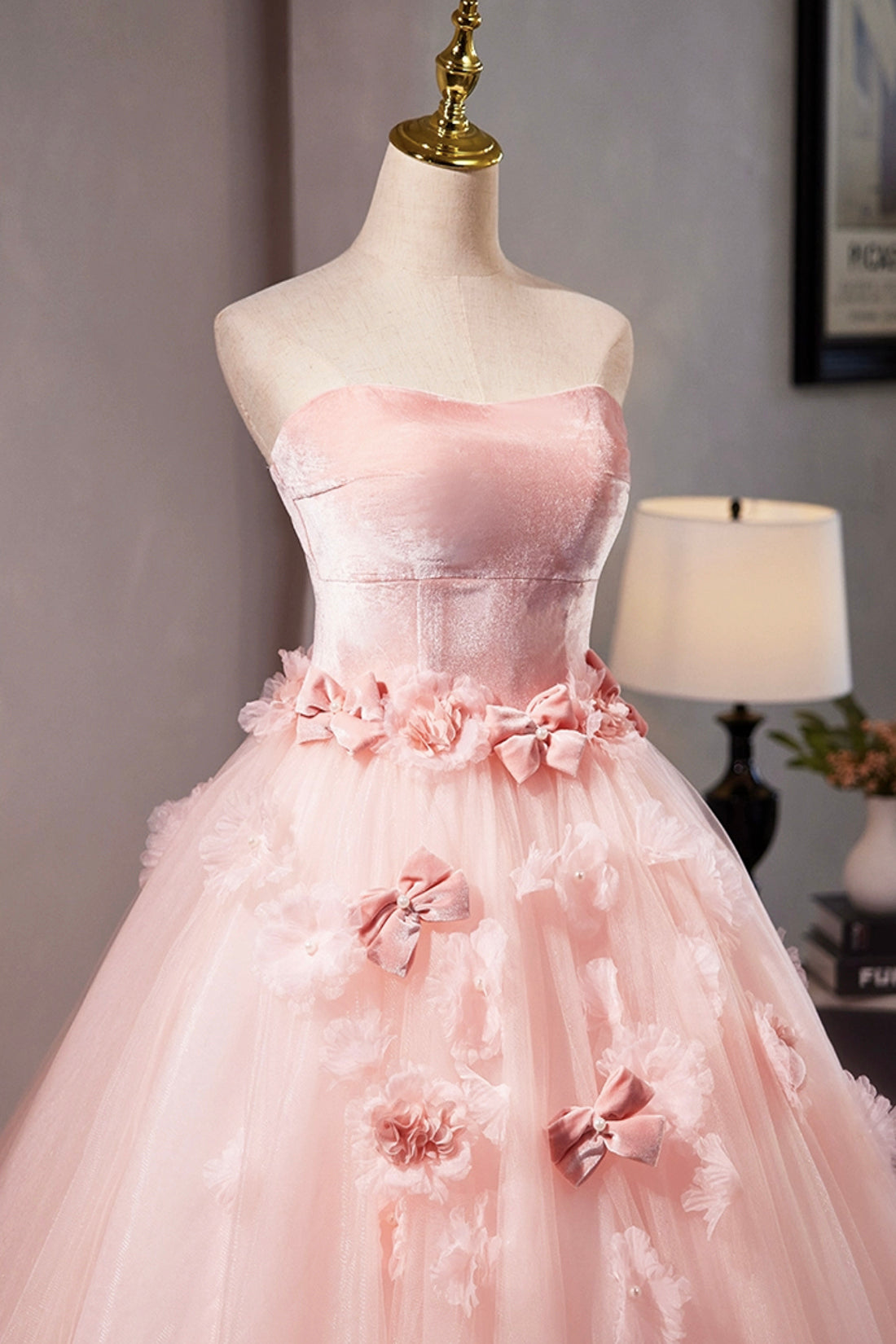 Beautiful Velvet Tulle A-Line Prom Dress with Flowers, Pink Strapless Evening Sweet 16 Dress