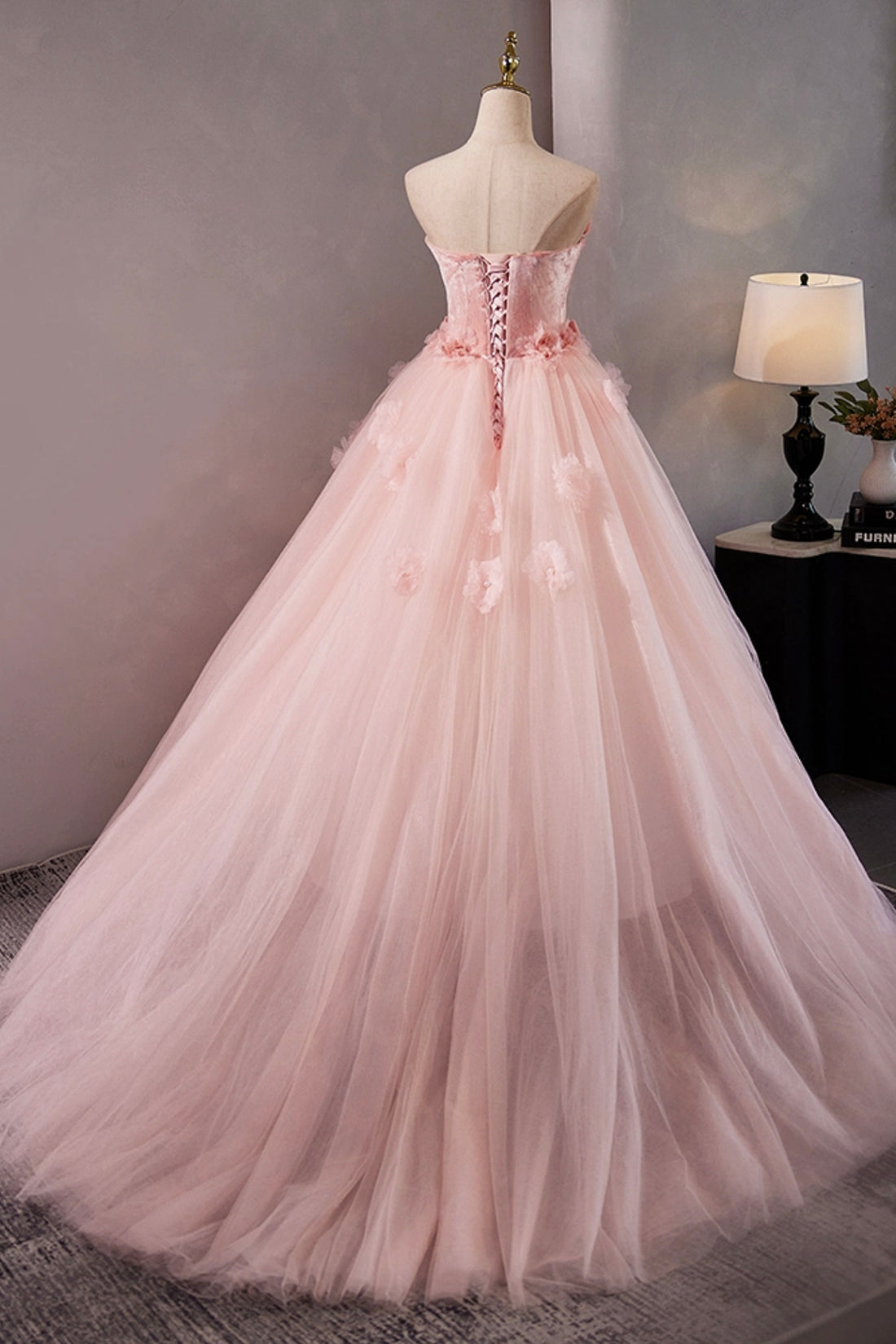 Beautiful Velvet Tulle A-Line Prom Dress with Flowers, Pink Strapless Evening Sweet 16 Dress