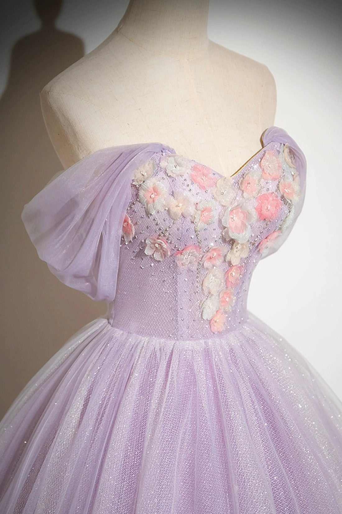 Lilac Tulle Long A-Line Prom Dresses with Flowers, Lilac Off the Shoulder Formal Evening Dresses