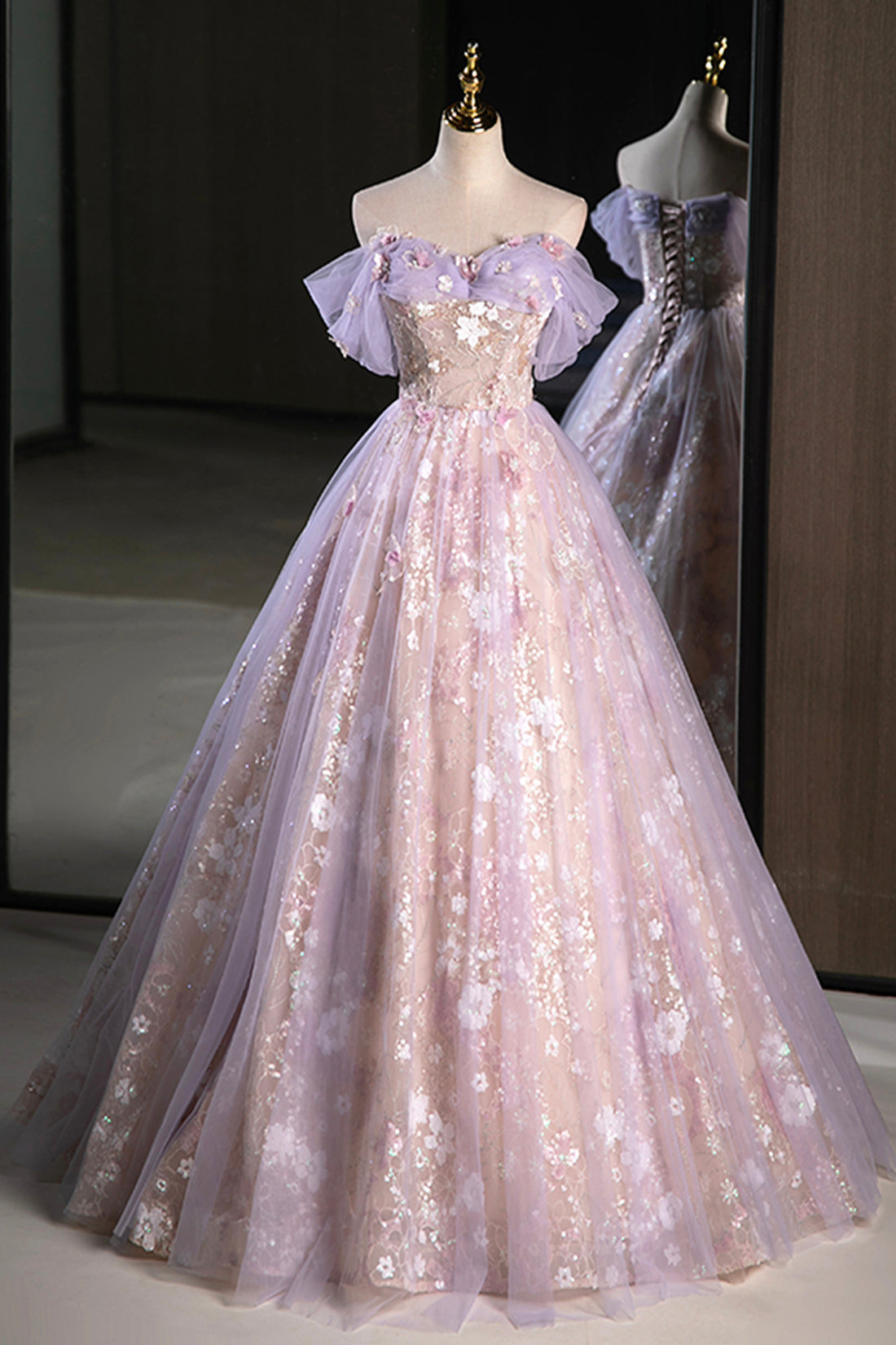 Purple A-Line Off the Shoulder Sequins Prom Dress, Lovely Tulle Corset Floor Length Evening Dress
