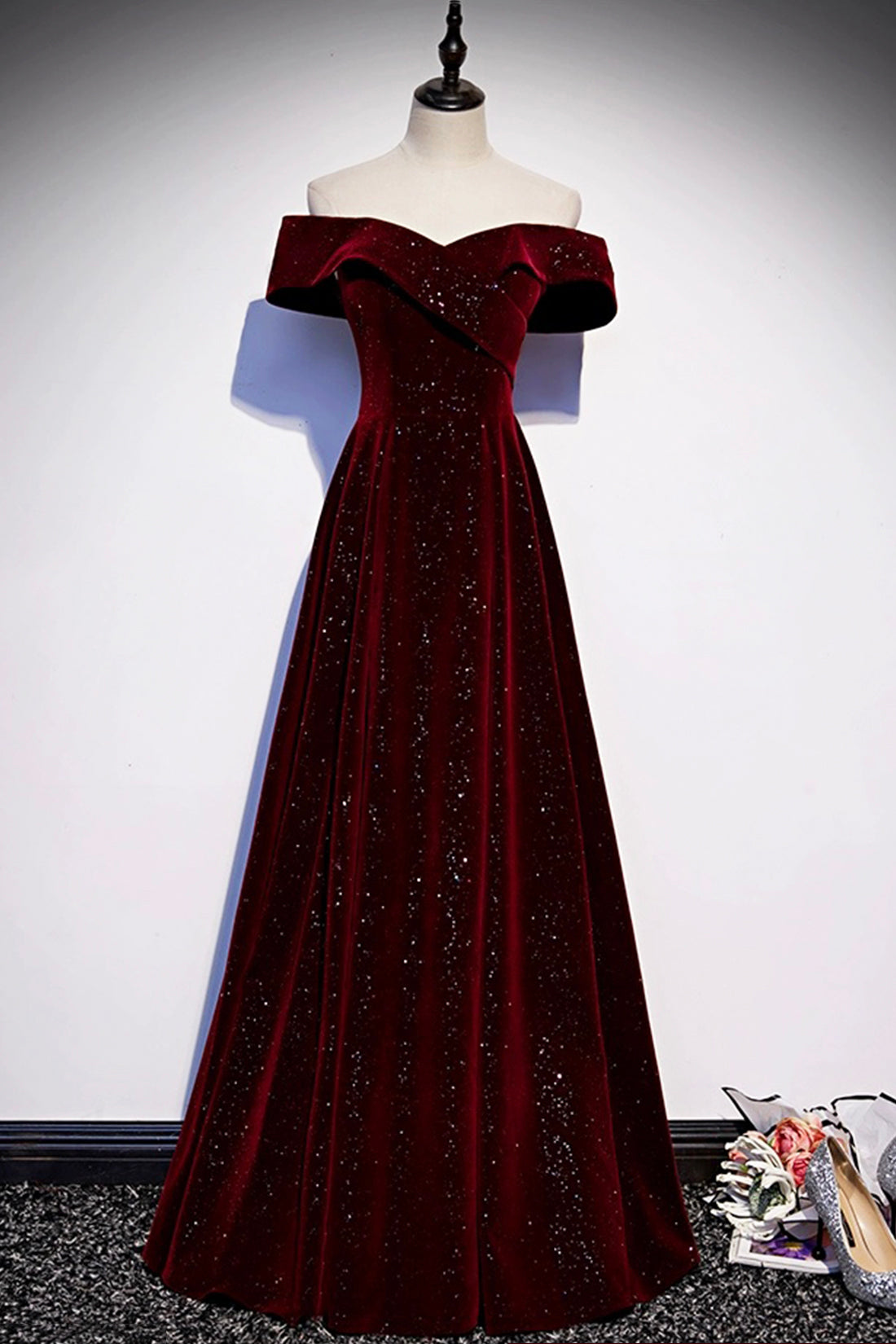 Burgundy Velvet Long Prom Dress, Off the Shoulder Evening Party Dress