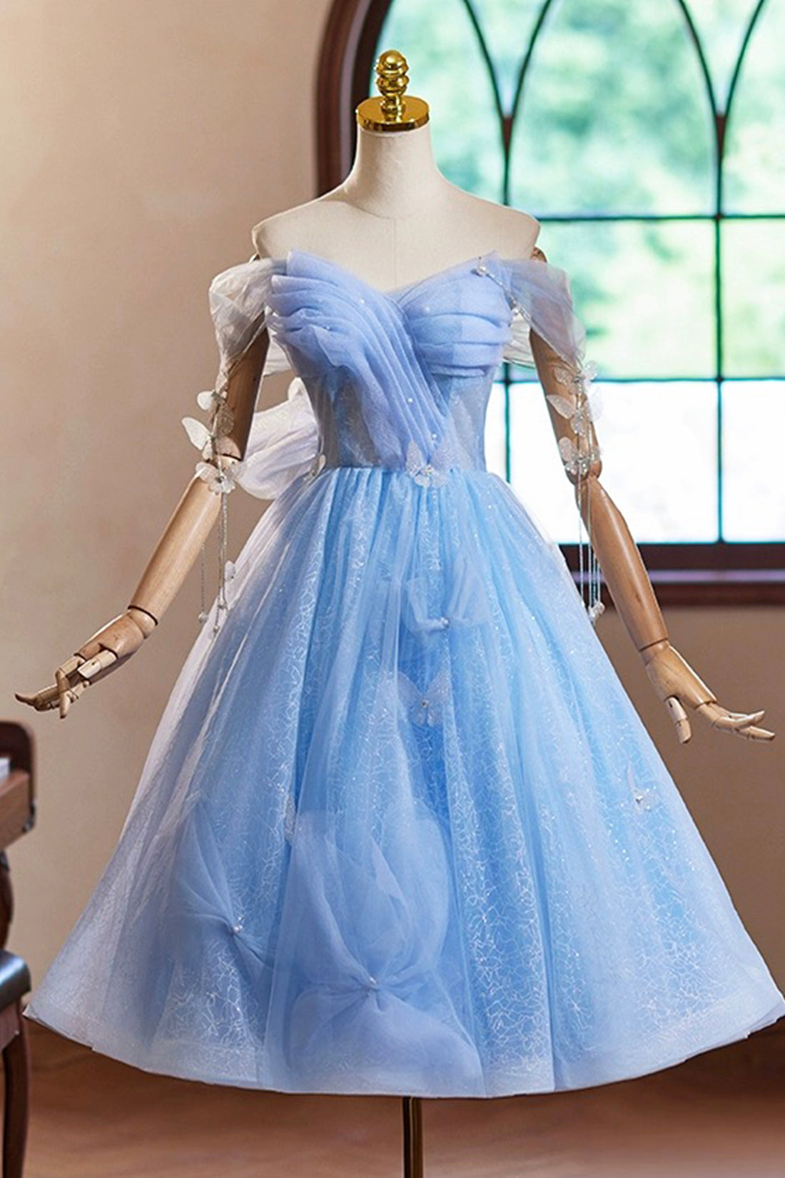 Sky Blue Glitter Pearl Tulle Short Prom Dress, Beautiful A-Line Off th girlideas Sky Blue Glitter Pearl Tulle Short Prom Dress, Beautiful A-Line Off th girlideas
