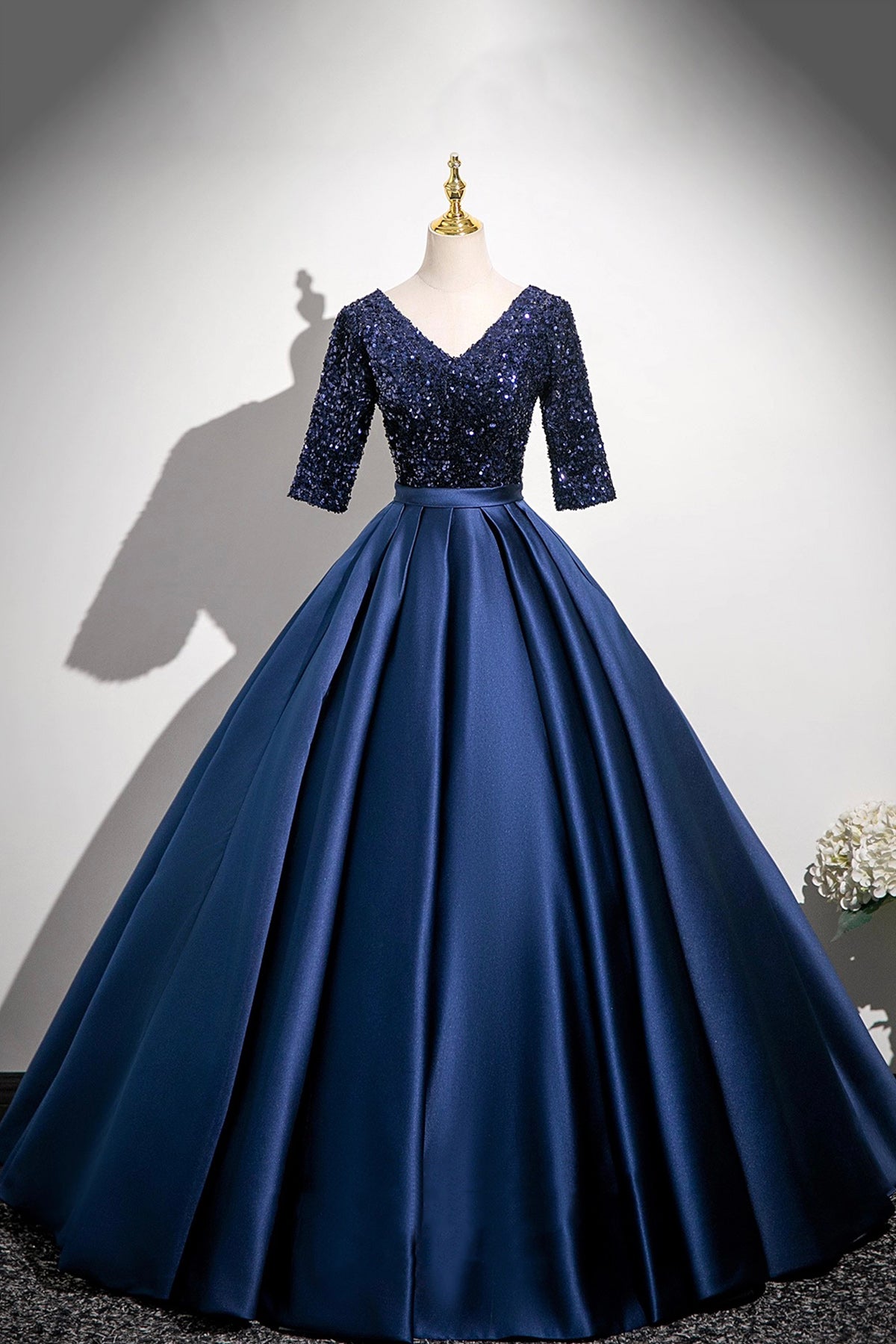 Elegant Navy Satin Sequins Long Prom Dress, A-Line V-Neck Evening Party Dress