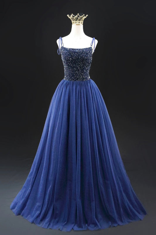 Blue Tulle Beads Long Prom Dress, A-Line Backless Evening Party Dress