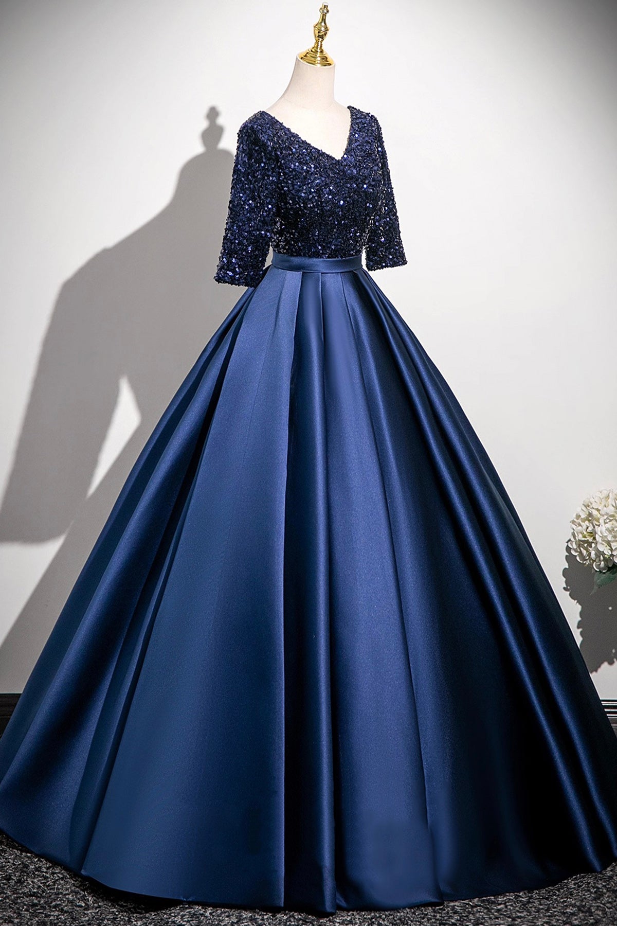 Elegant Navy Satin Sequins Long Prom Dress, A-Line V-Neck Evening Party Dress