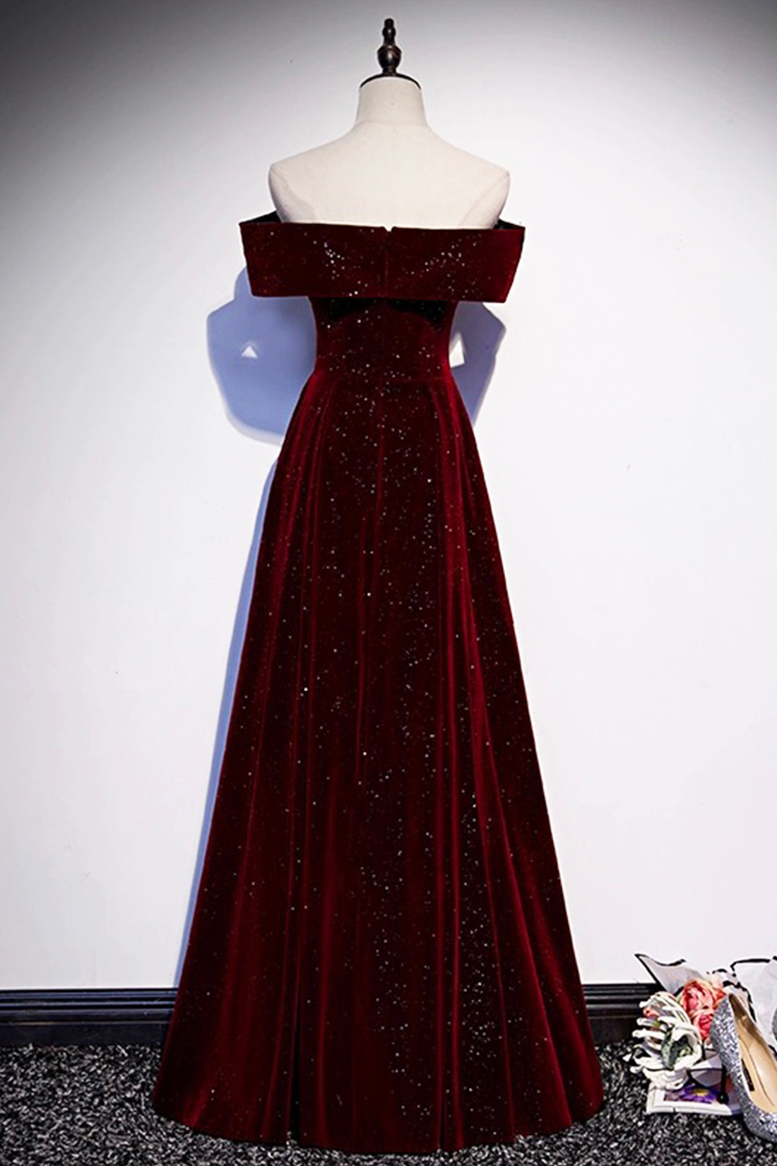 Burgundy Velvet Long Prom Dress, Off the Shoulder Evening Party Dress