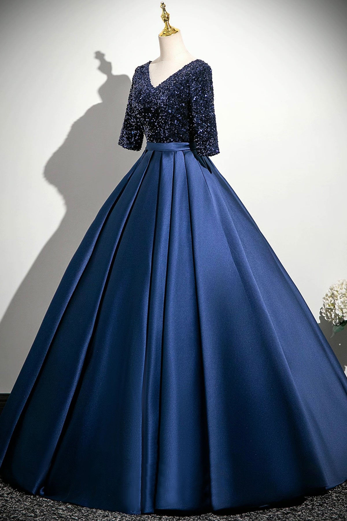 Elegant Navy Satin Sequins Long Prom Dress, A-Line V-Neck Evening Party Dress