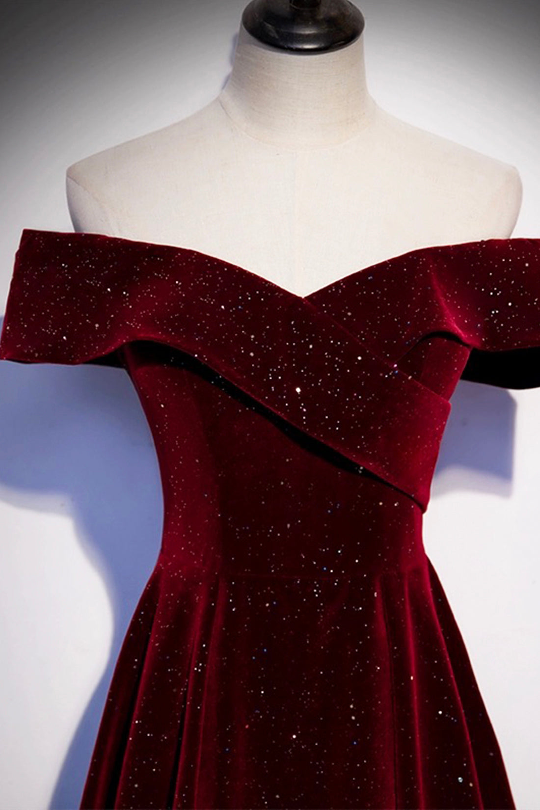 Burgundy Velvet Long Prom Dress, Off the Shoulder Evening Party Dress