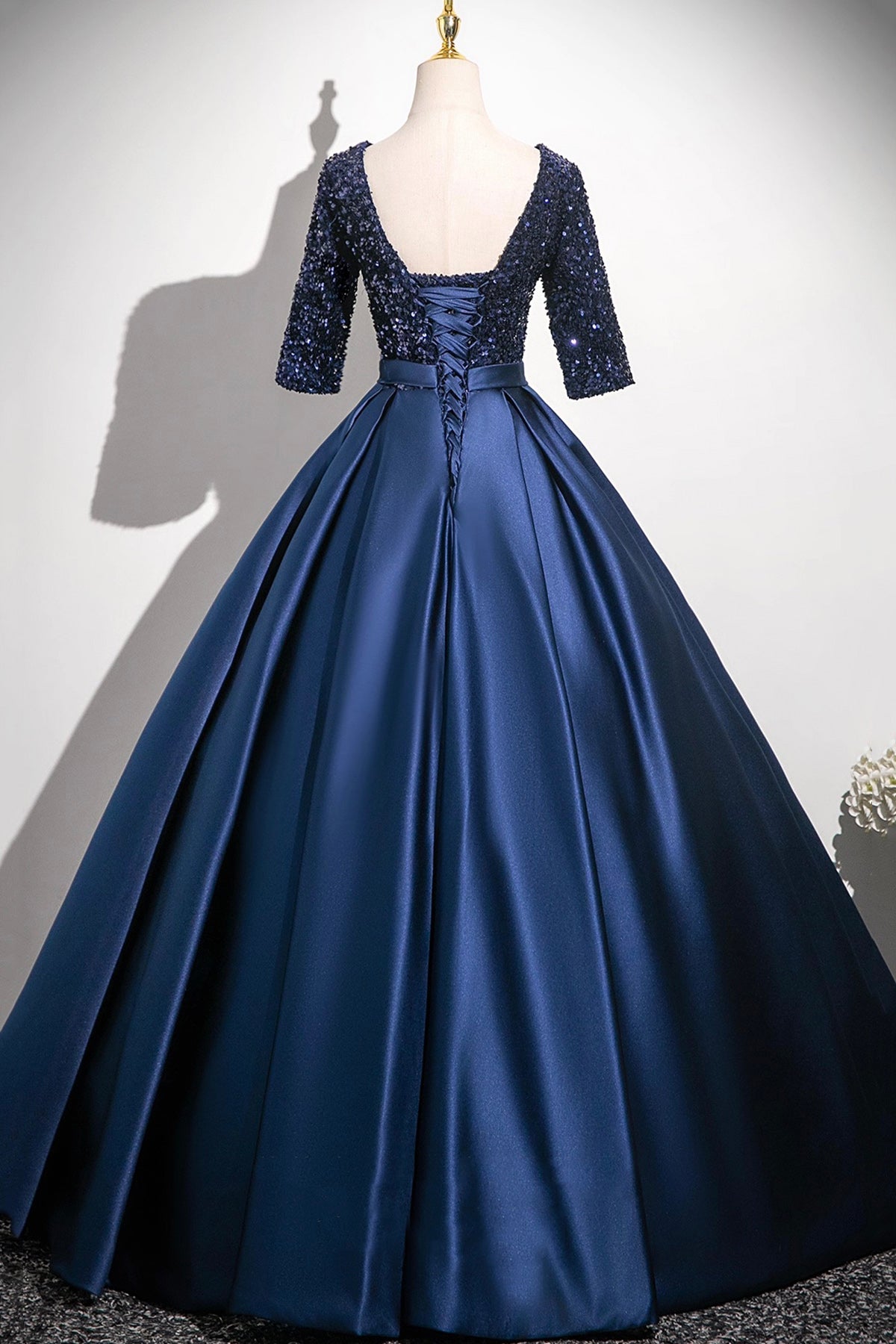Elegant Navy Satin Sequins Long Prom Dress, A-Line V-Neck Evening Party Dress