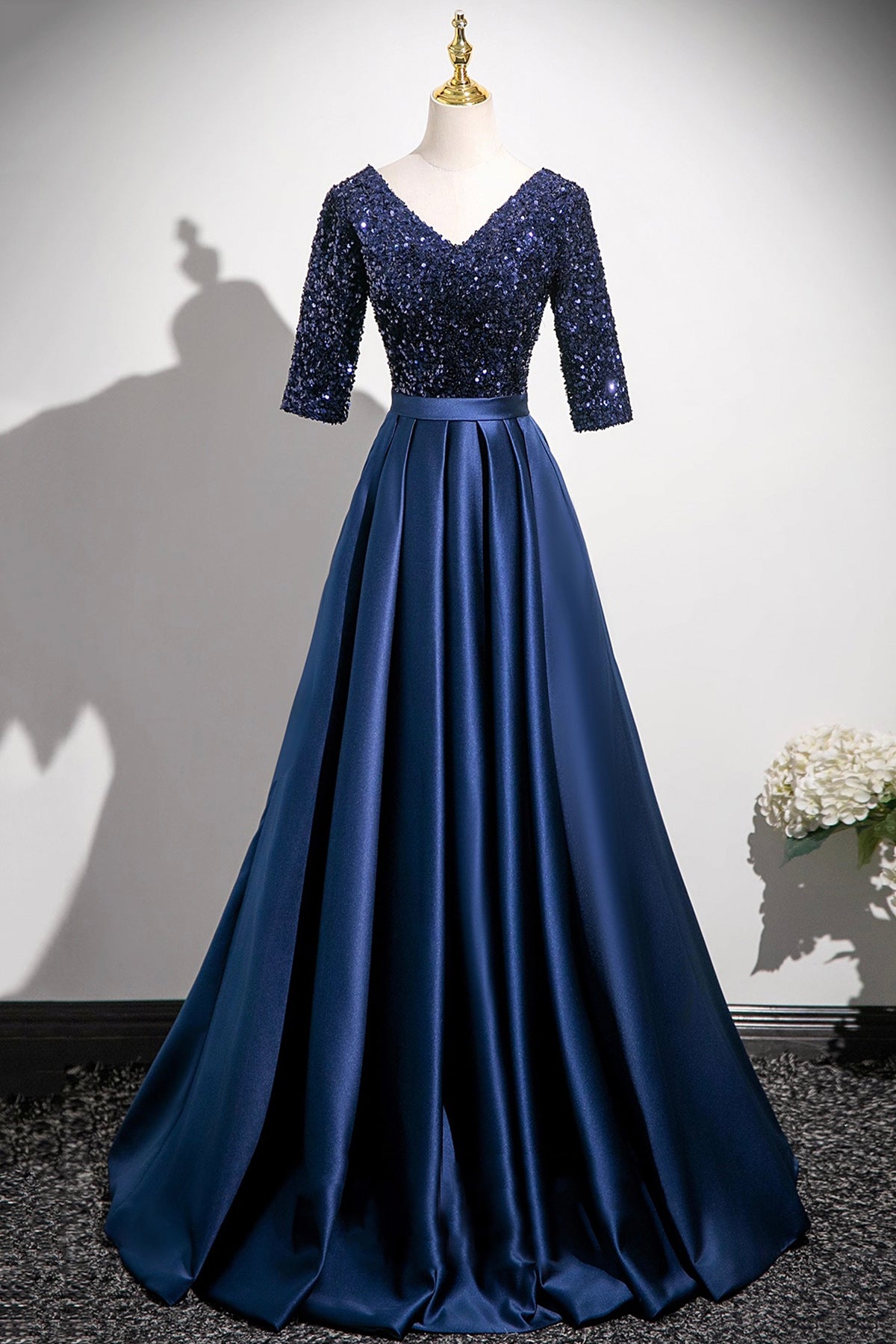 Elegant Navy Satin Sequins Long Prom Dress, A-Line V-Neck Evening Party Dress