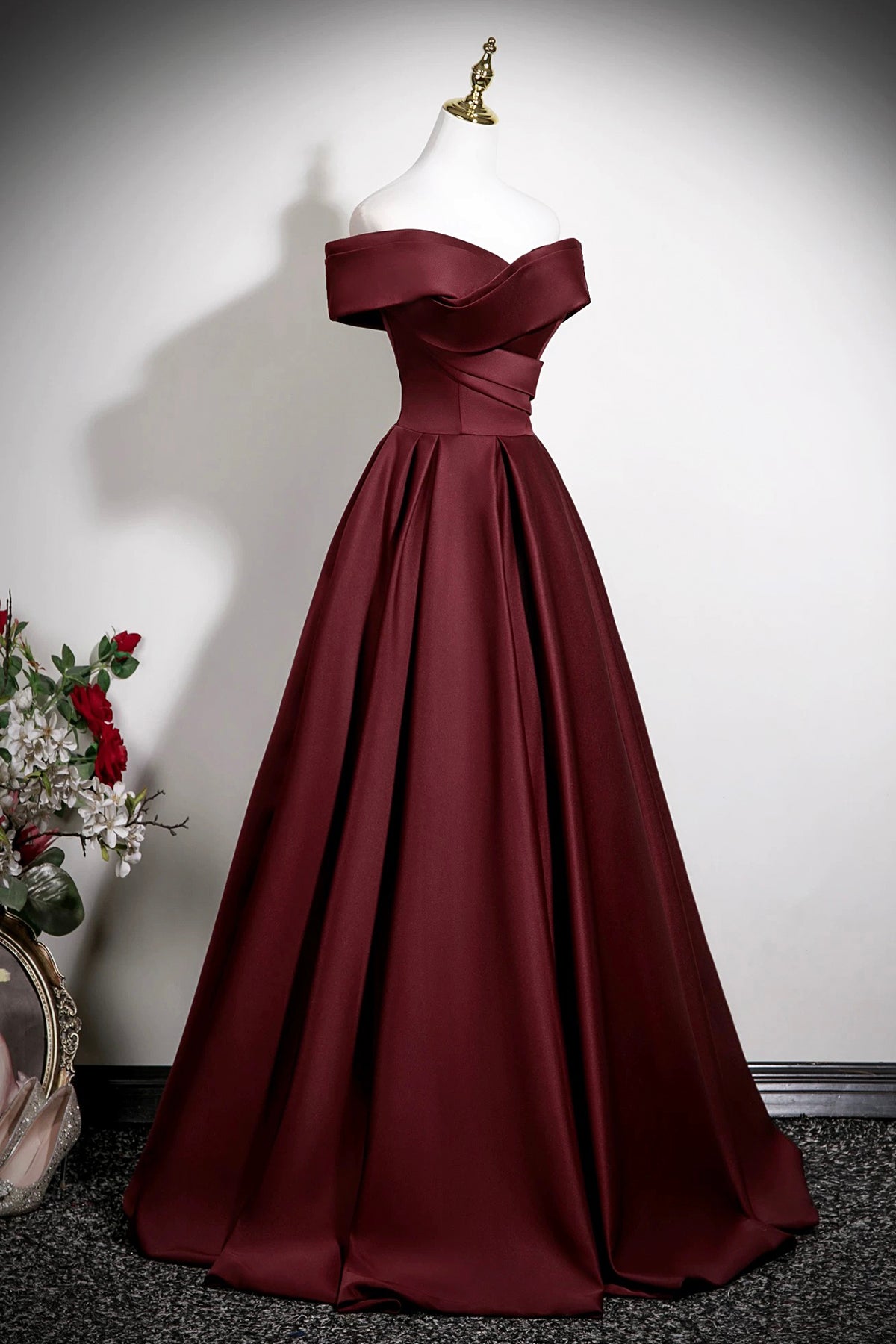 Burgundy Satin Long Prom Dress, A-Line V-Neck Formal Party Dress
