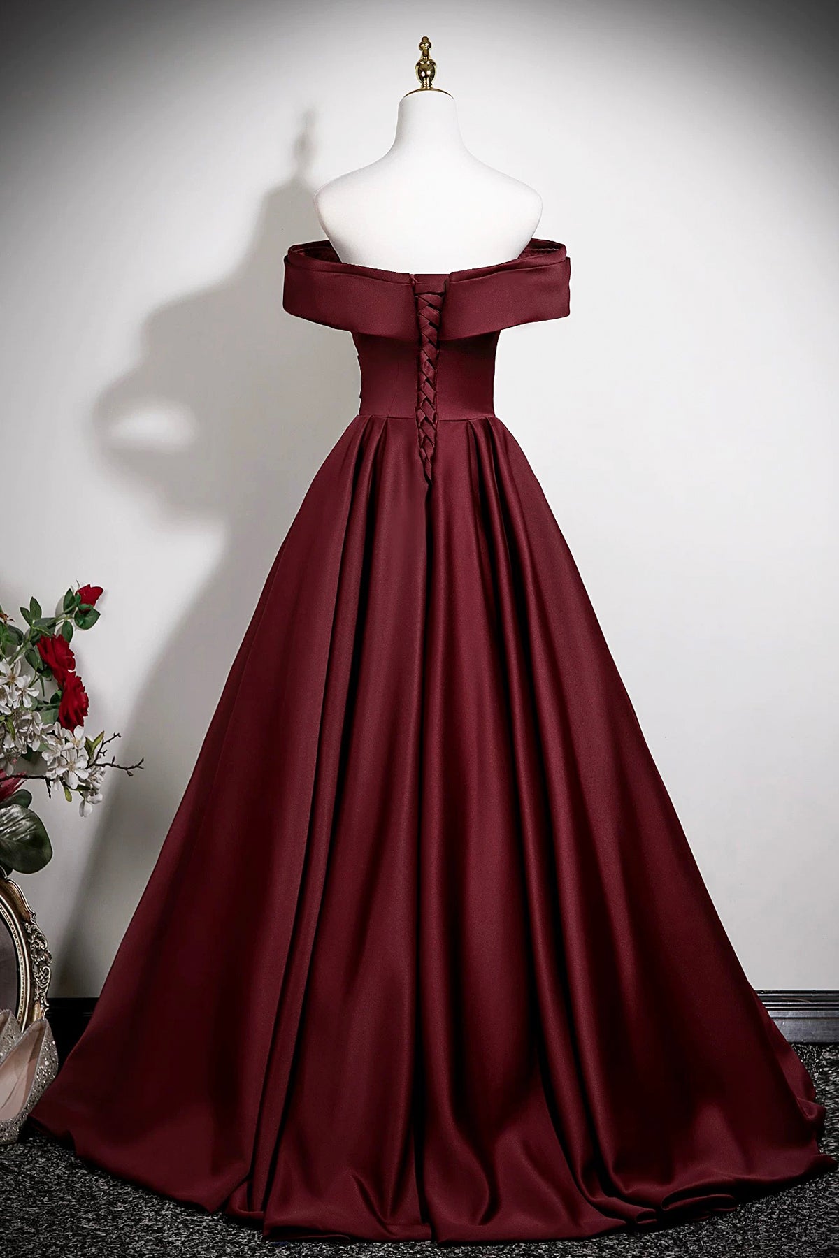 Burgundy Satin Long Prom Dress, A-Line V-Neck Formal Party Dress