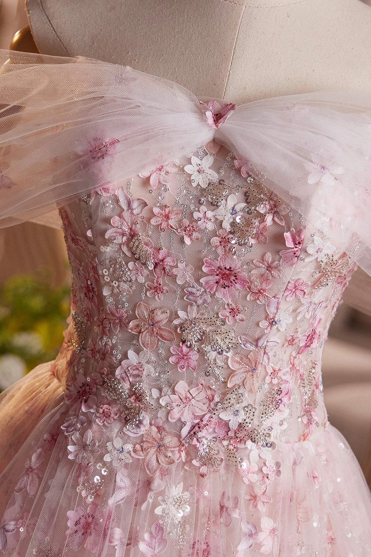 Light Blue/Pink Tulle Floral Long Prom Dress, Beautiful A-Line Off the Shoulder Party Dress