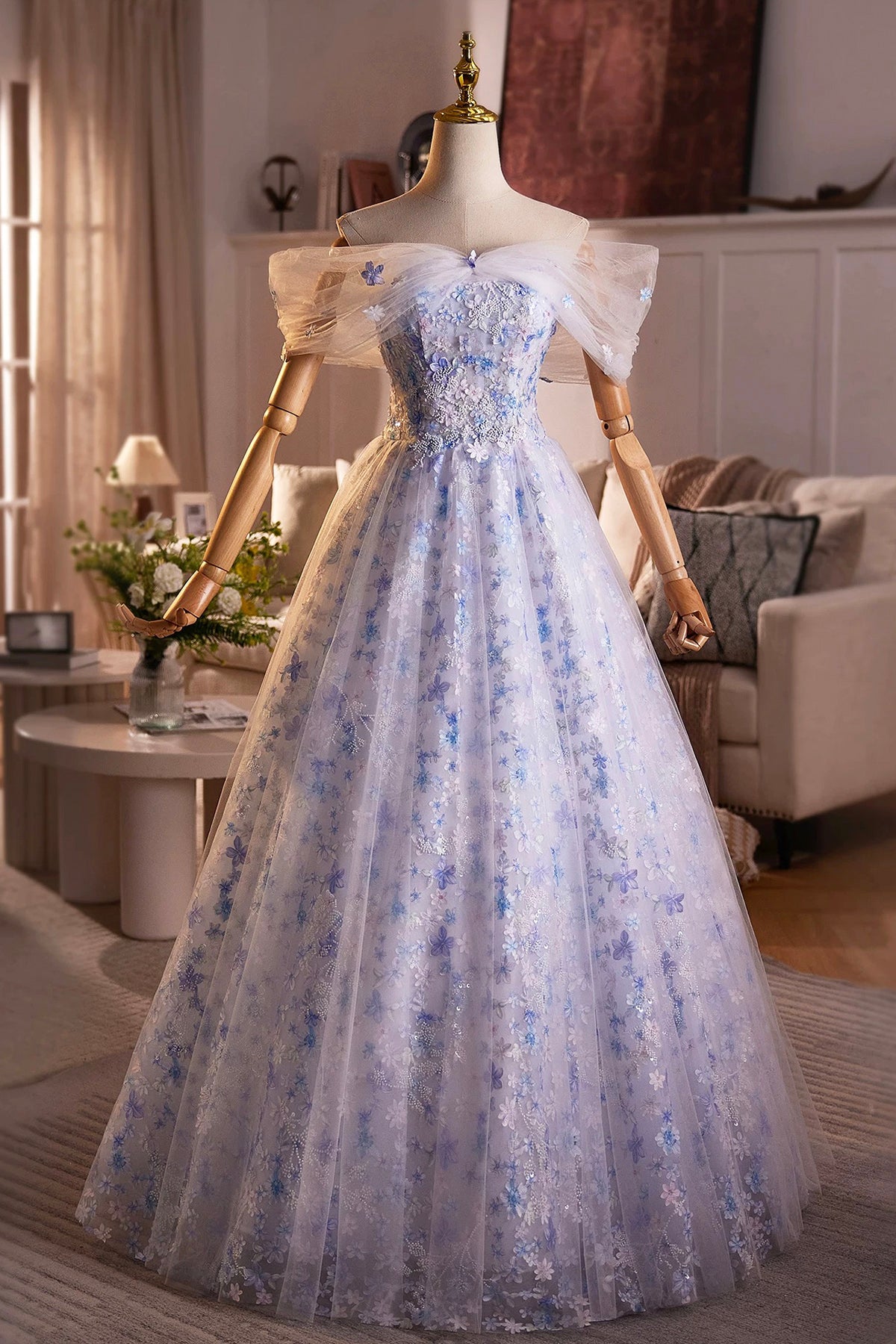Light Blue/Pink Tulle Floral Long Prom Dress, Beautiful A-Line Off the Shoulder Party Dress