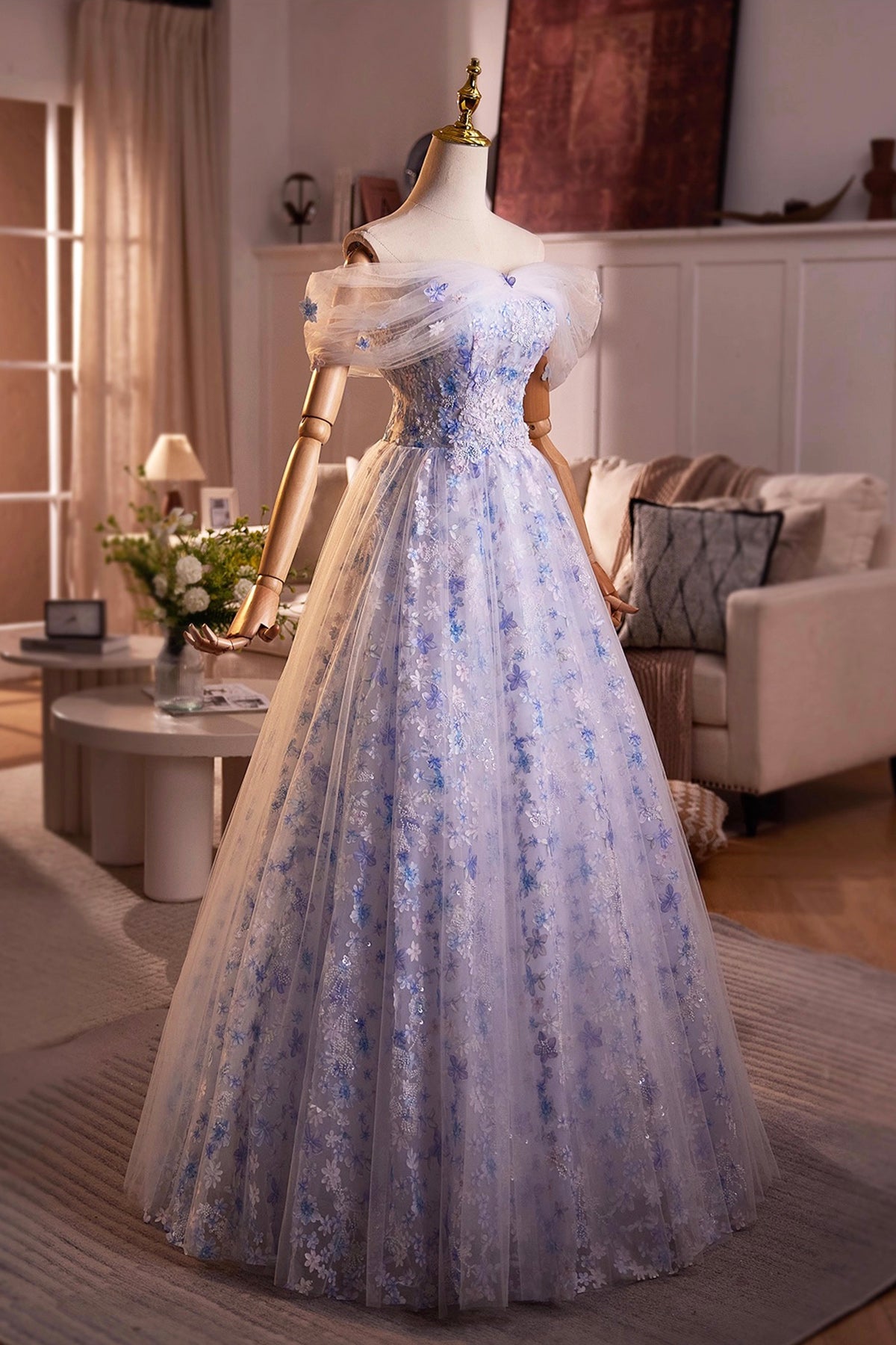 Light Blue/Pink Tulle Floral Long Prom Dress, Beautiful A-Line Off the Shoulder Party Dress