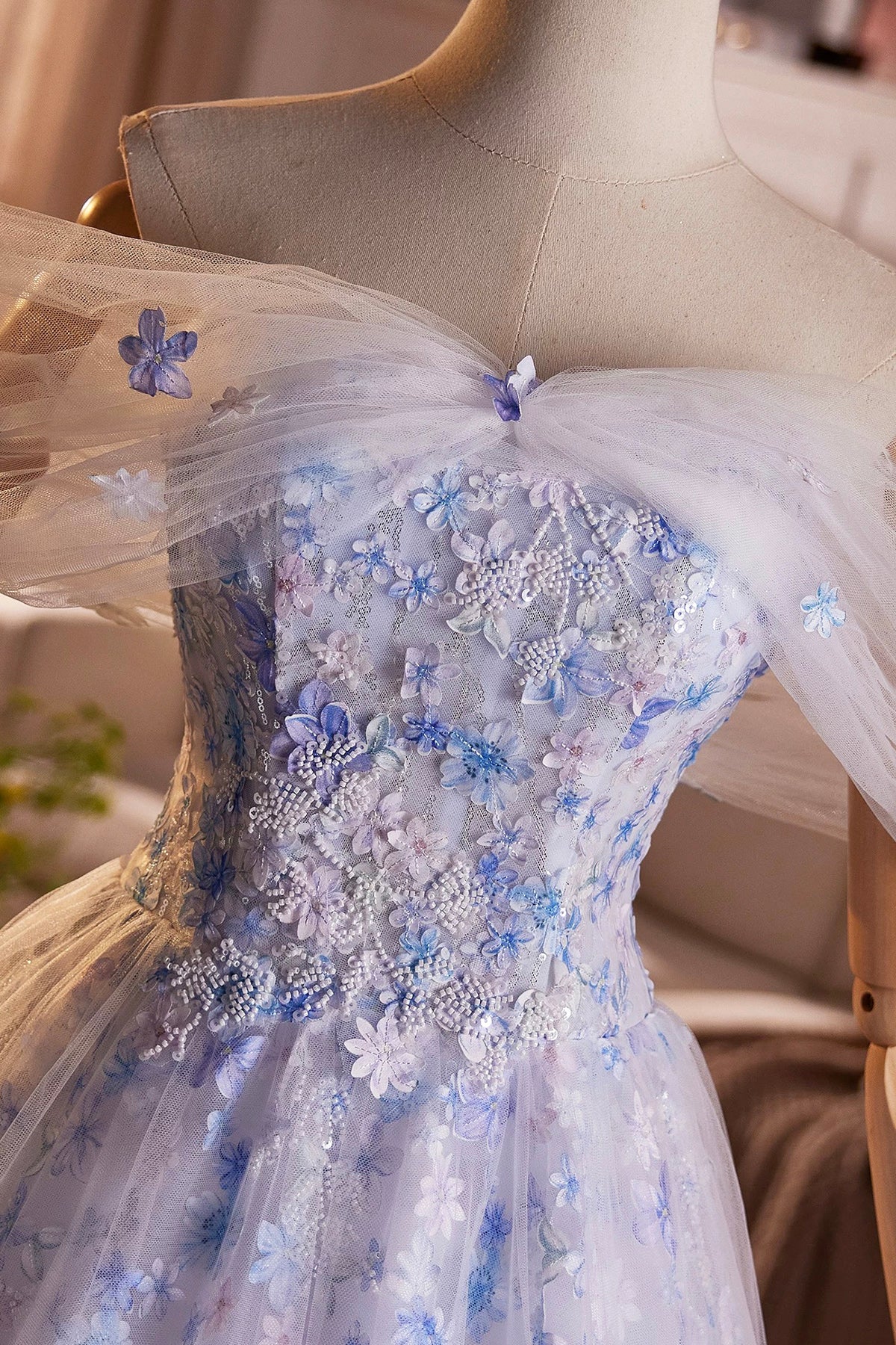 Light Blue/Pink Tulle Floral Long Prom Dress, Beautiful A-Line Off the Shoulder Party Dress