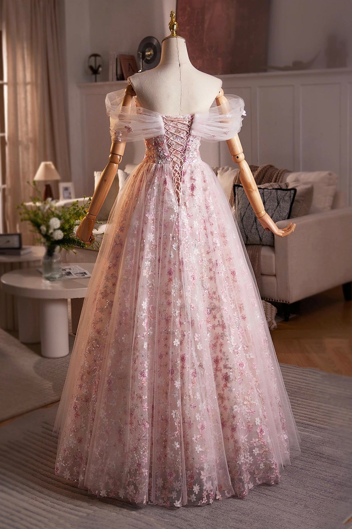 Light Blue/Pink Tulle Floral Long Prom Dress, Beautiful A-Line Off the Shoulder Party Dress