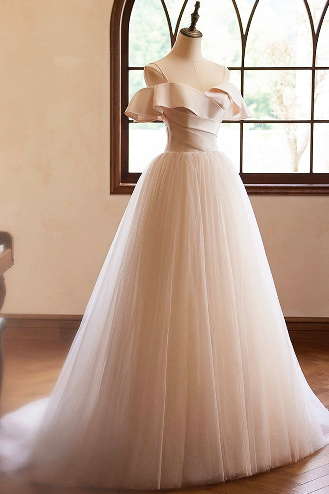 Champagne Spaghetti Straps Long Prom Dress, A-Line Backless Evening Party Dress
