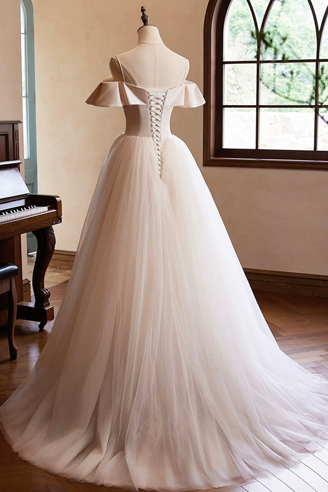 Champagne Spaghetti Straps Long Prom Dress, A-Line Backless Evening Party Dress