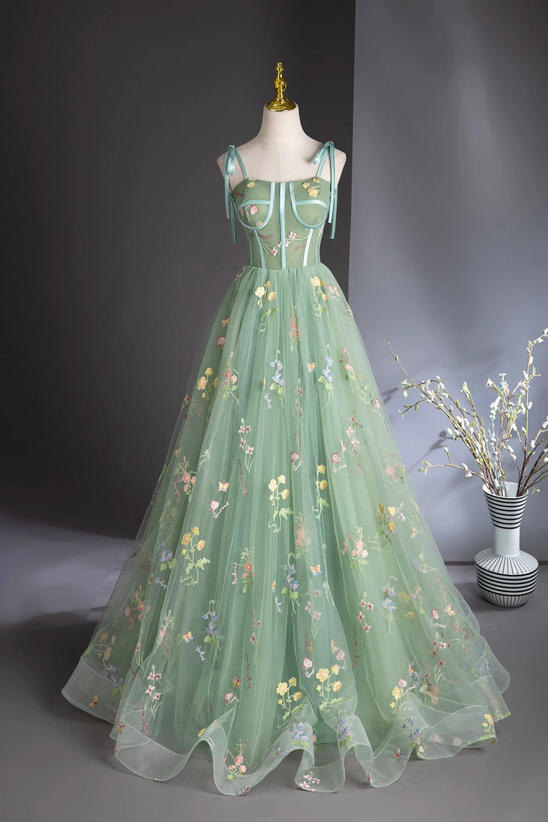 Green Floral Lace Long Prom Dresses, Green Spaghetti Straps Evening Party Dress