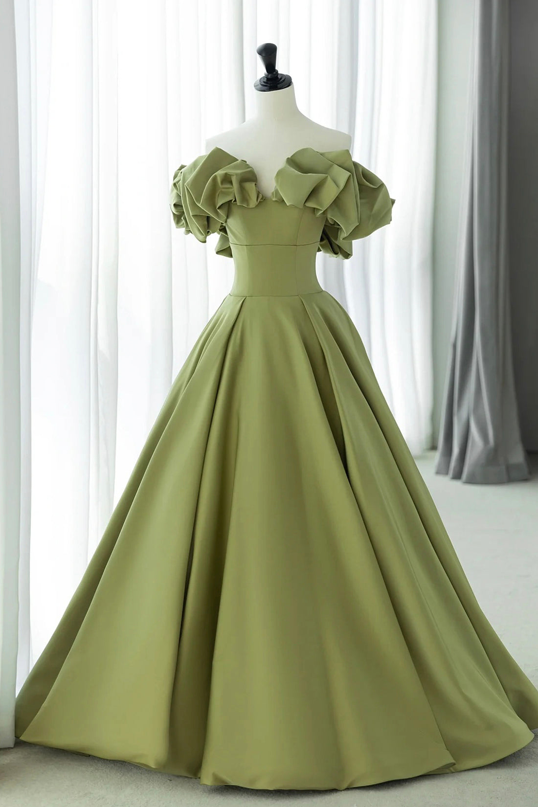 Green Satin Off the Shoulder Long Prom Dress, Beautiful A-Line Evening Party Dress