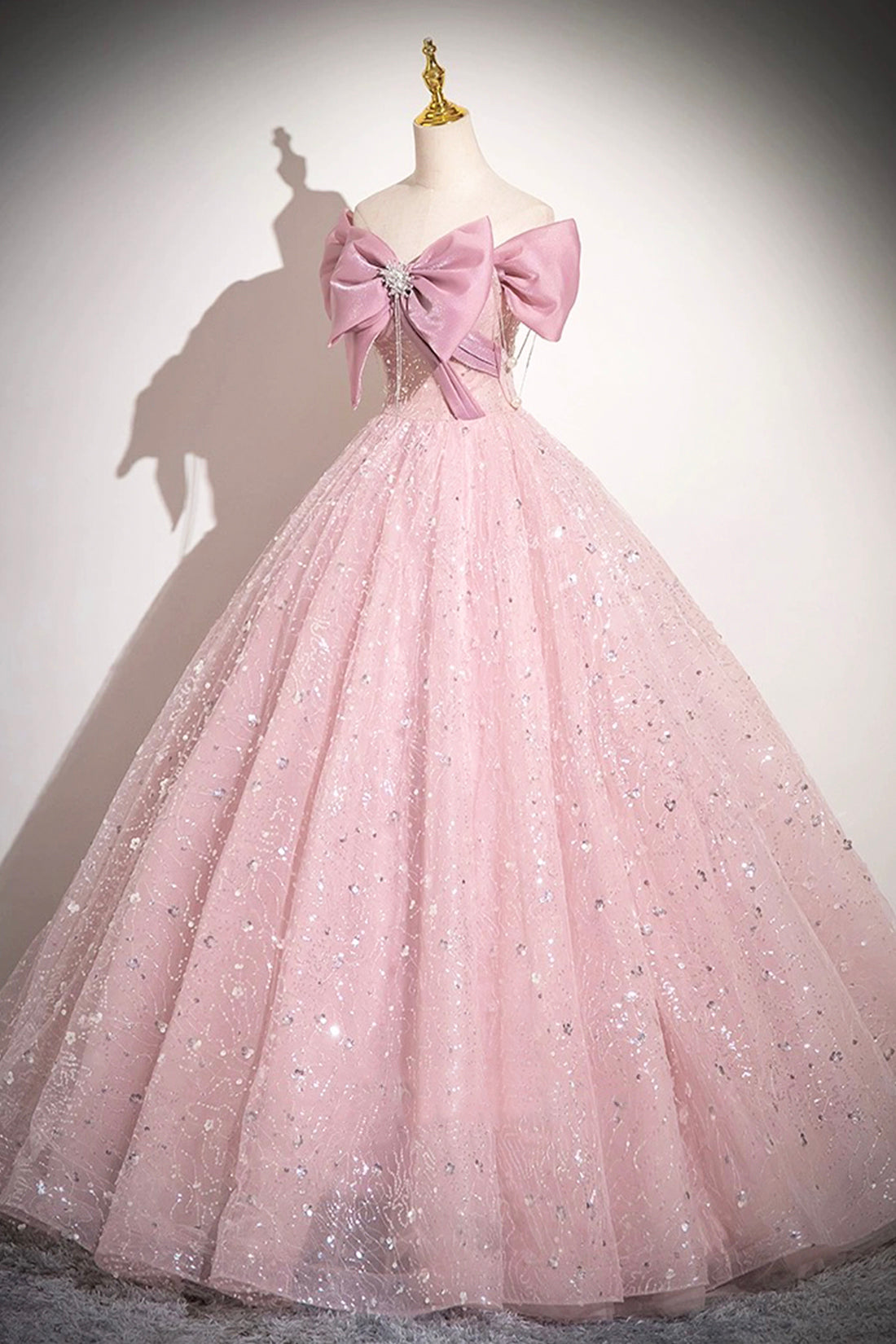 Pink Tulle Sequins Long A-Line Prom Dress with Bow, Pink Off Shoulder Evening Dress