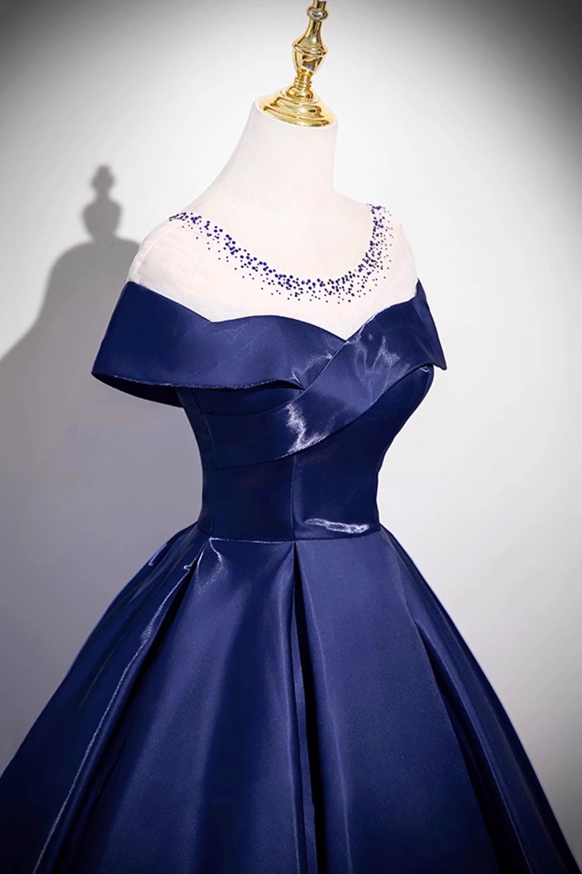 Navy Scoop Neckline Satin Long Prom Dress, A-Line Evening Party Dress
