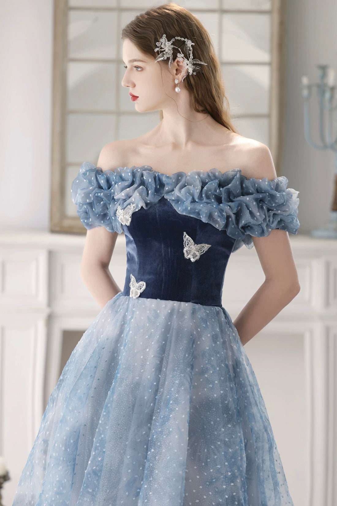 Blue Velvet and Tulle Floor Length Prom Dress, Beautiful Off the Shoulder Evening Party Dress