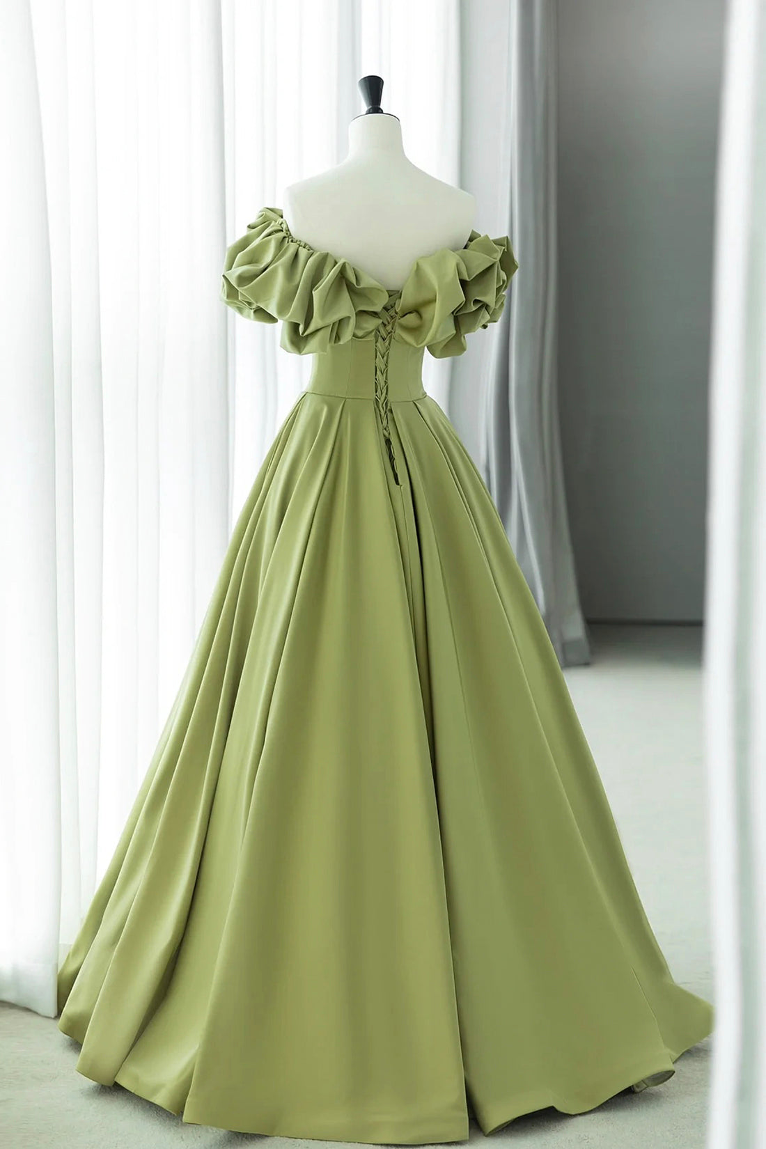 Green Satin Off the Shoulder Long Prom Dress, Beautiful A-Line Evening Party Dress