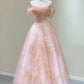 Pink Tulle Lace Short A-Line Prom Dress, Cute Off the Shoulder Evening Party Dress