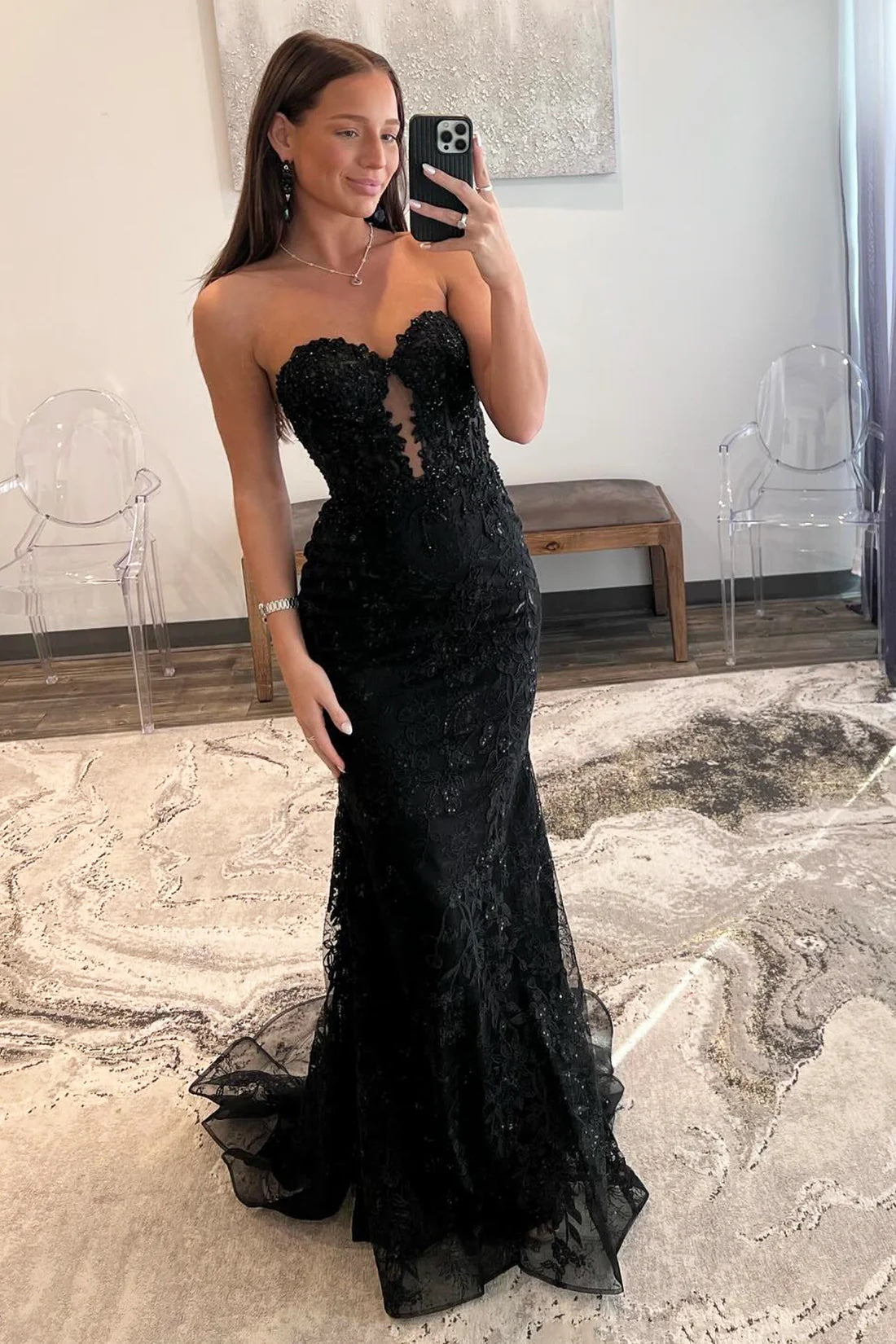 Mermaid Lace Long Mermaid Prom Dress, Black Strapless Evening Party Dress