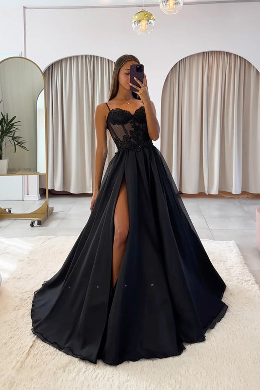 Black Chiffon Lace Long Part Dress, Black Spaghetti Strap A-Line Evening Dress