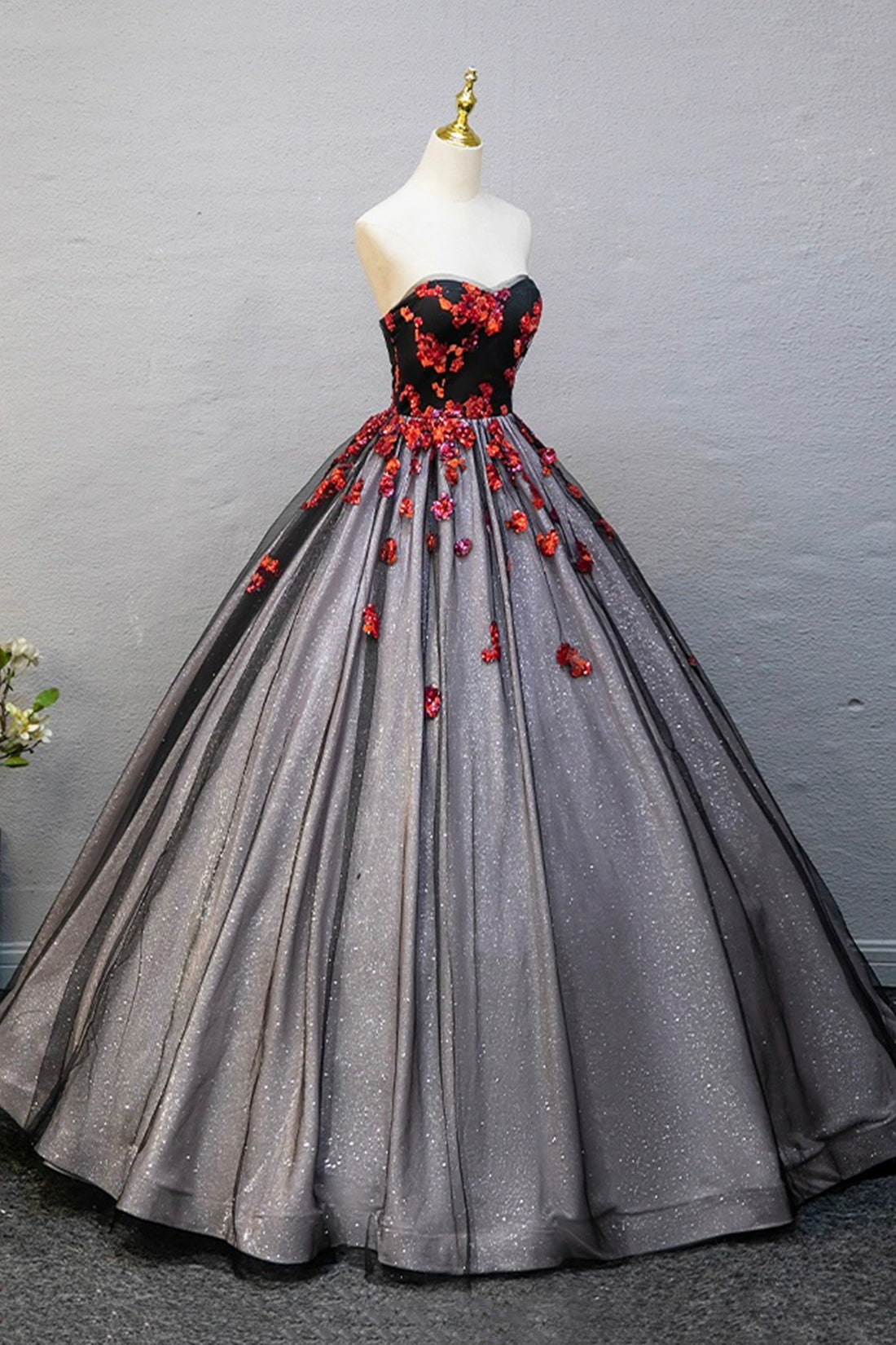 Black Strapless Tulle Sequins Long Prom Dress, A-Line Evening Party Dress