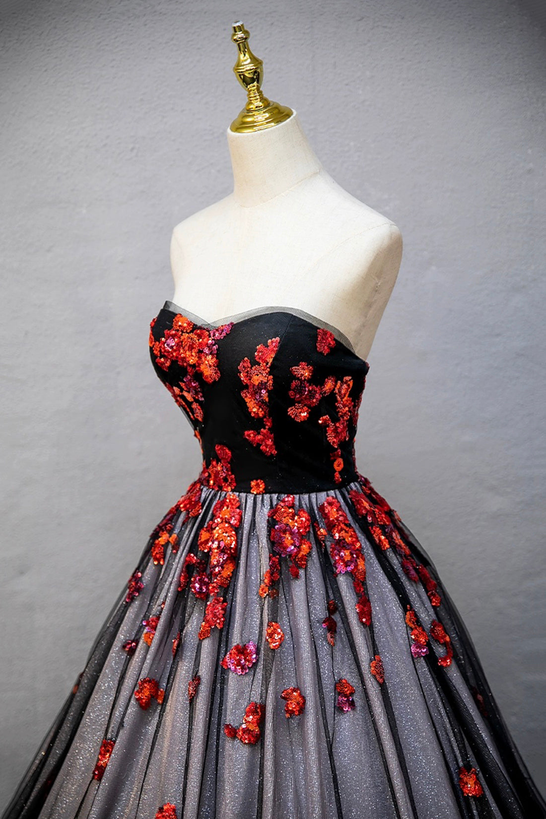 Black Strapless Tulle Sequins Long Prom Dress, A-Line Evening Party Dress