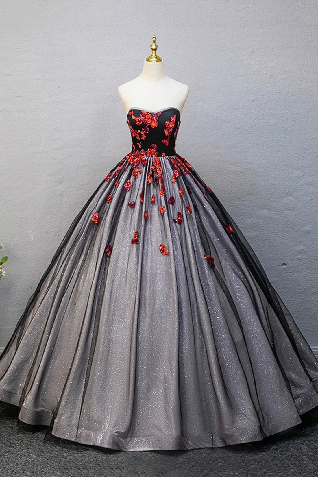 Black Strapless Tulle Sequins Long Prom Dress, A-Line Evening Party Dress
