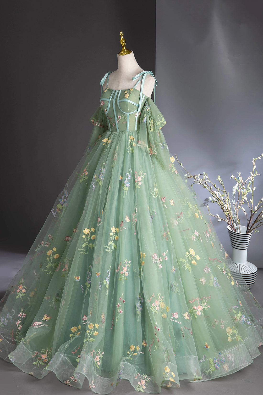 Green Floral Lace Long Prom Dresses, Green Spaghetti Straps Evening Party Dress