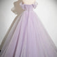 Lilac Tulle Long A-Line Prom Dresses with Flowers, Lilac Off the Shoulder Formal Evening Dresses
