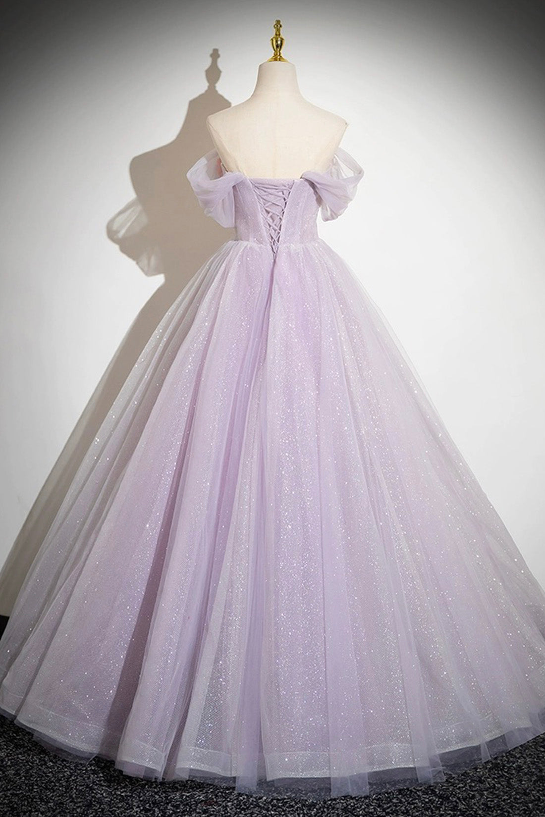 Lilac Tulle Long A-Line Prom Dresses with Flowers, Lilac Off the Shoulder Formal Evening Dresses
