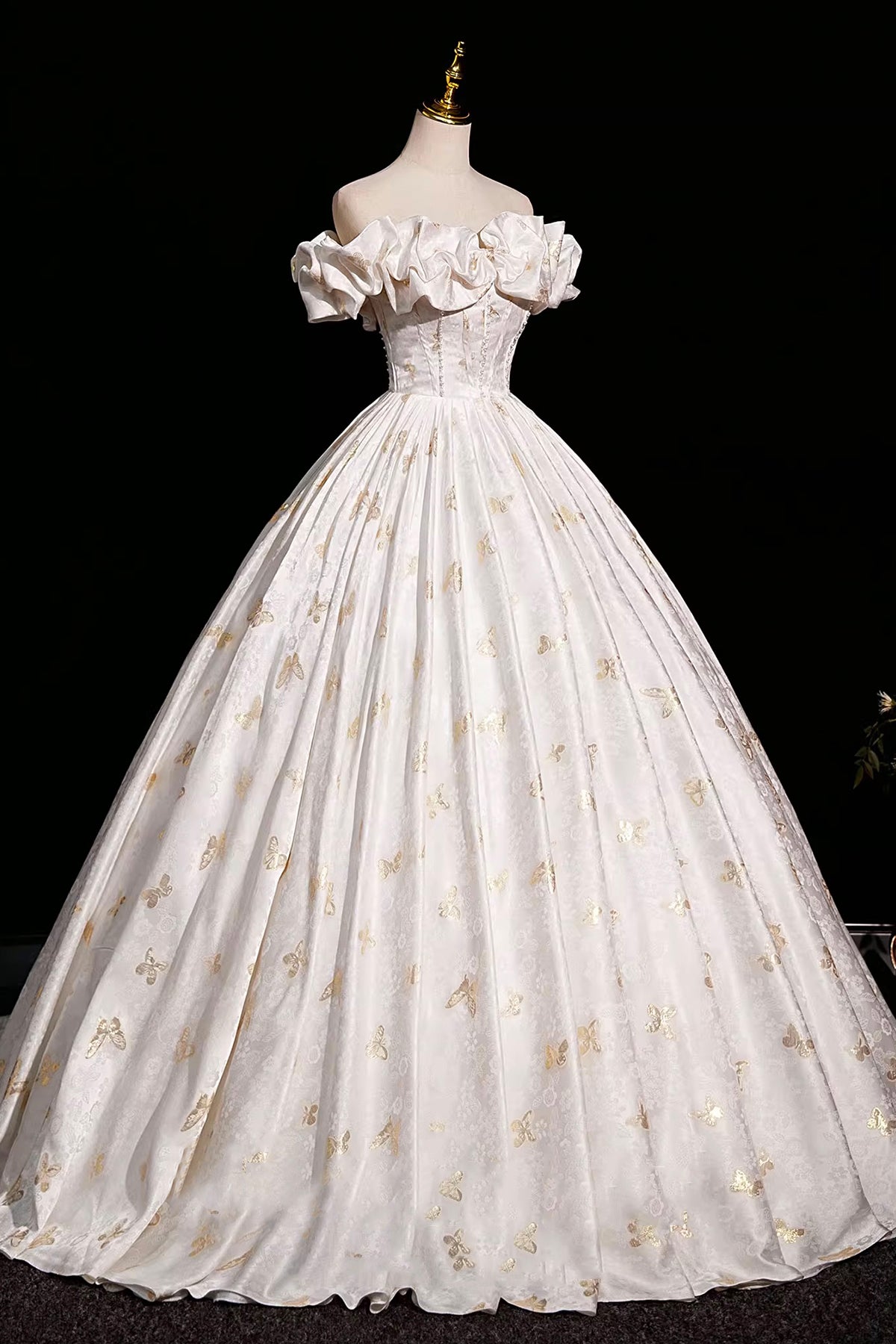 Beautiful Butterfly Print Satin Long Prom Dress, A-Line Off the Shoulder Evening Party Dress