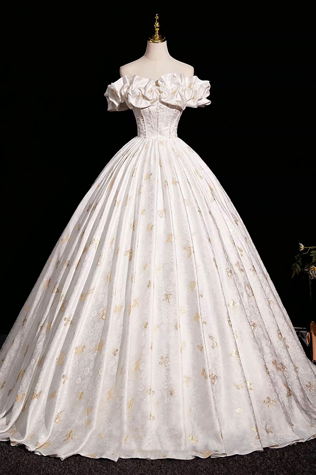 Beautiful Butterfly Print Satin Long Prom Dress, A-Line Off the Shoulder Evening Party Dress