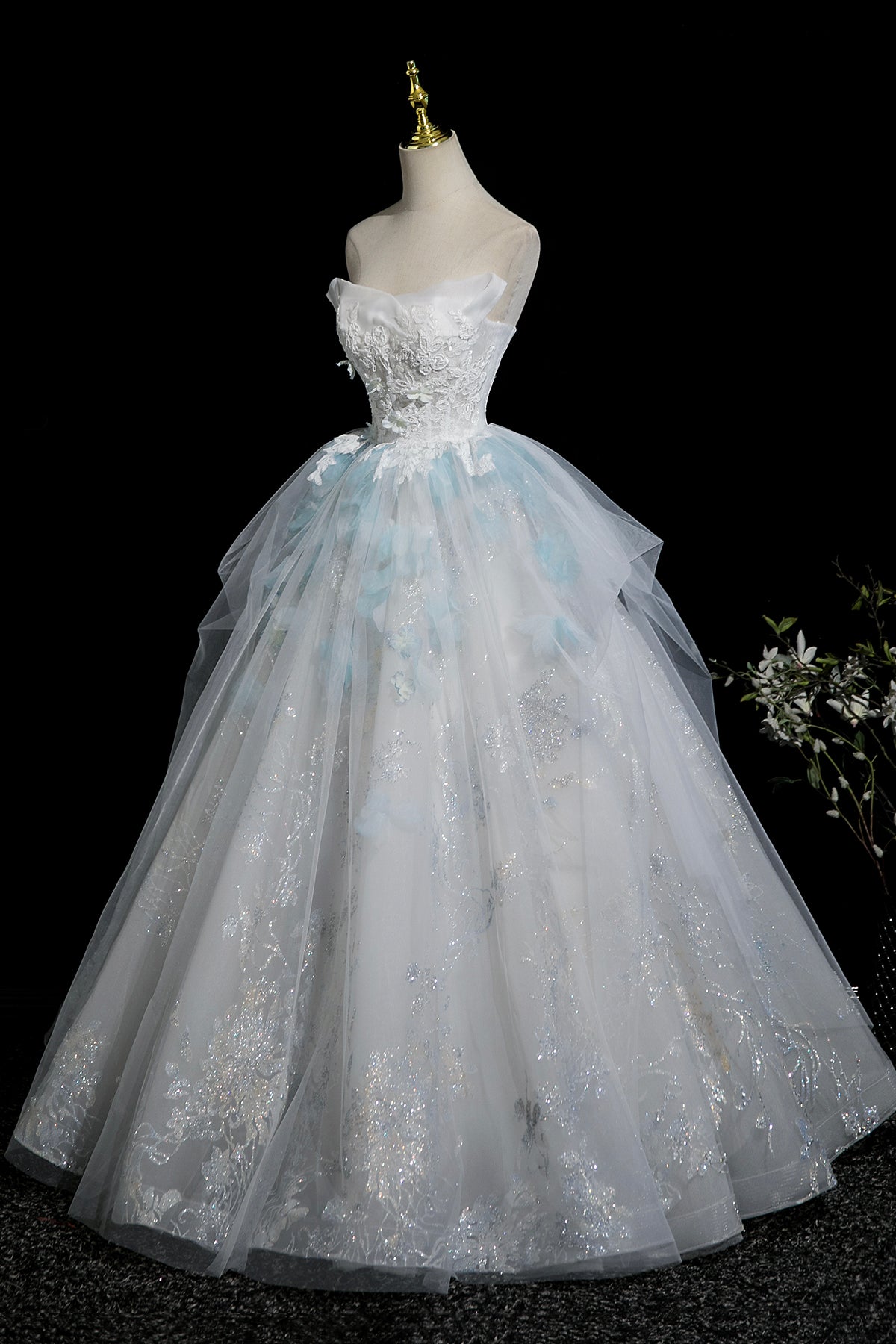 Beautiful Tulle Lace Long Prom Dress, A-Line Strapless Evening Party Dress
