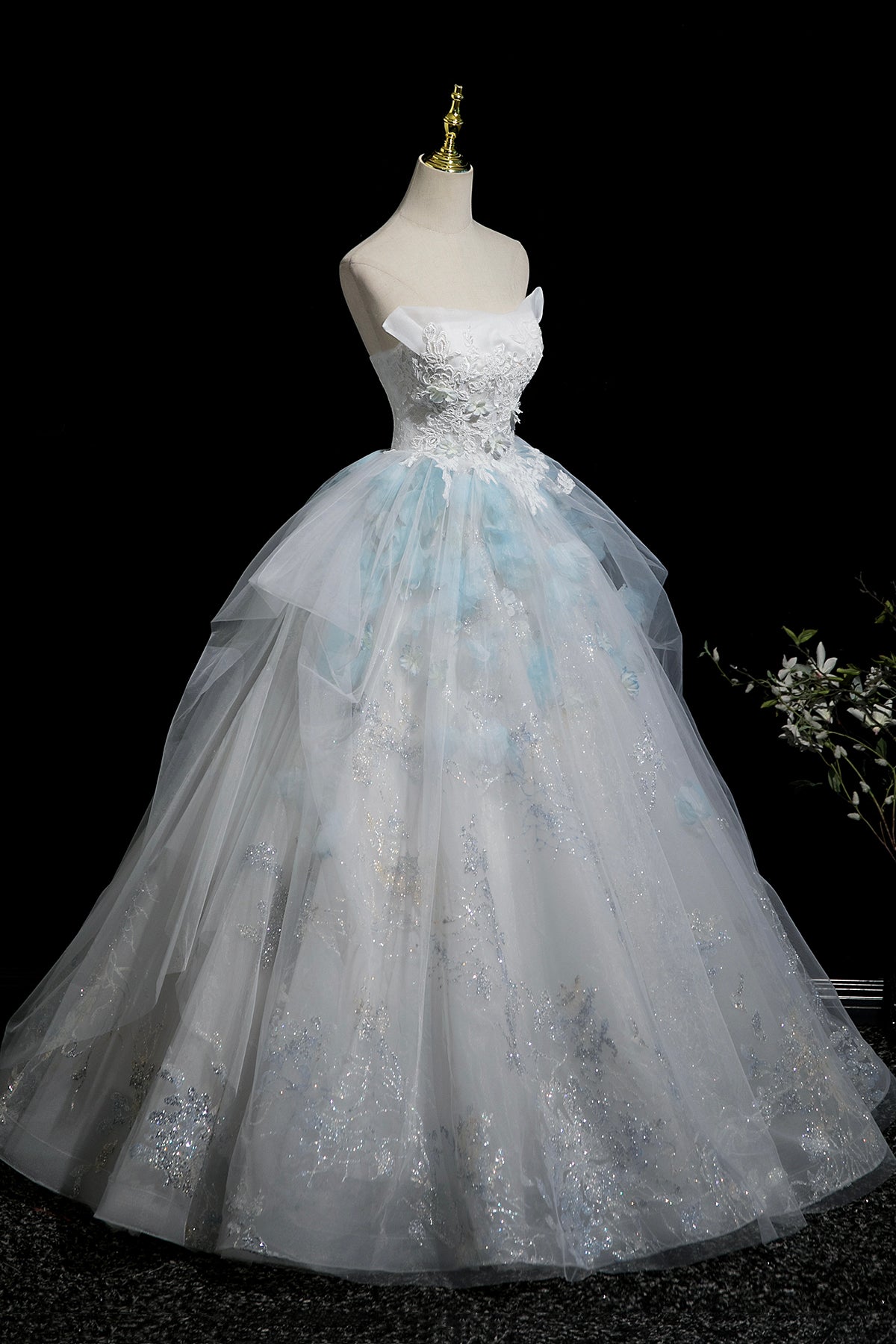 Beautiful Tulle Lace Long Prom Dress, A-Line Strapless Evening Party Dress