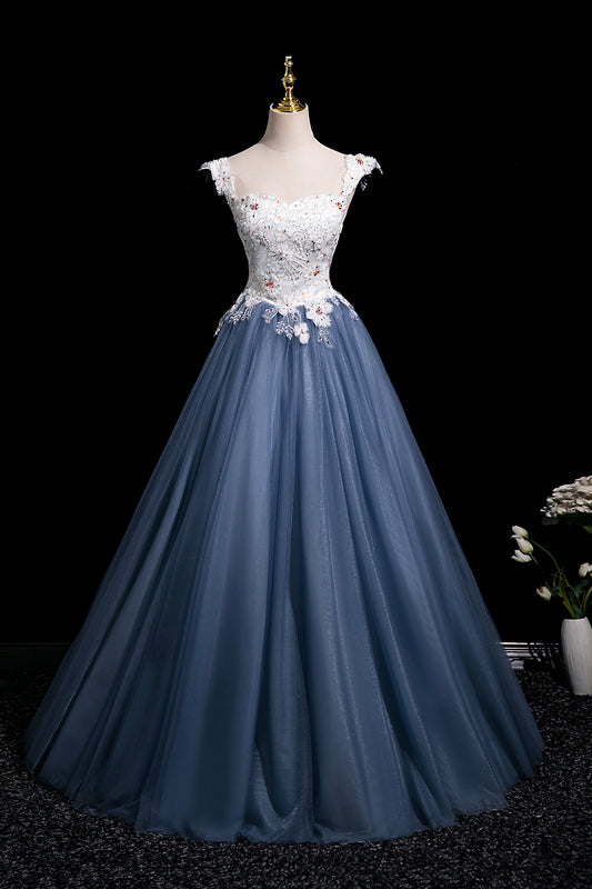 White Flower and Blue Tulle Long Prom Dress, Beautiful A-Line Party Dress