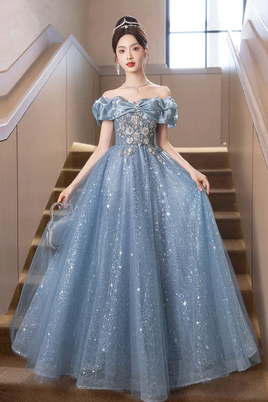 Blue Tulle Sequins Long Prom Dress, Beautiful Off the Shoulder Party Dress