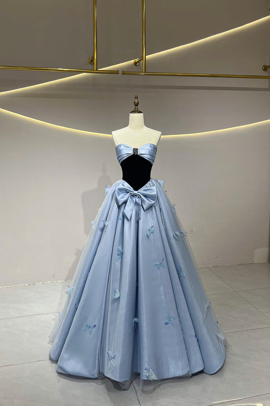 Blue Satin Tulle Long Prom Dress, A-Line Strapless Evening Party Dress